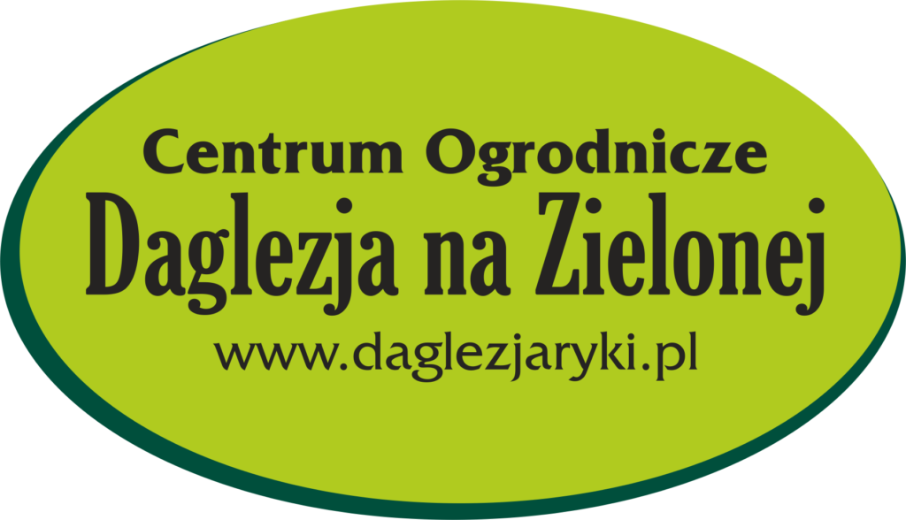 widzisz logo w kształcie elipsy na białym tle soczysty zielony owal, w którym widnieje napis: Centrum Ogrodnicze Daglezja na Zielonej i podano na dole adres strony internetowej: www.daglezjaryki.pl