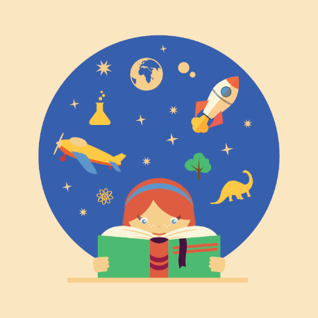 Niebieska kula wizualizująca świat w tle a na pierwszym planie dziewczynka pochyla się nad ksiązką zakrywając nią twarz