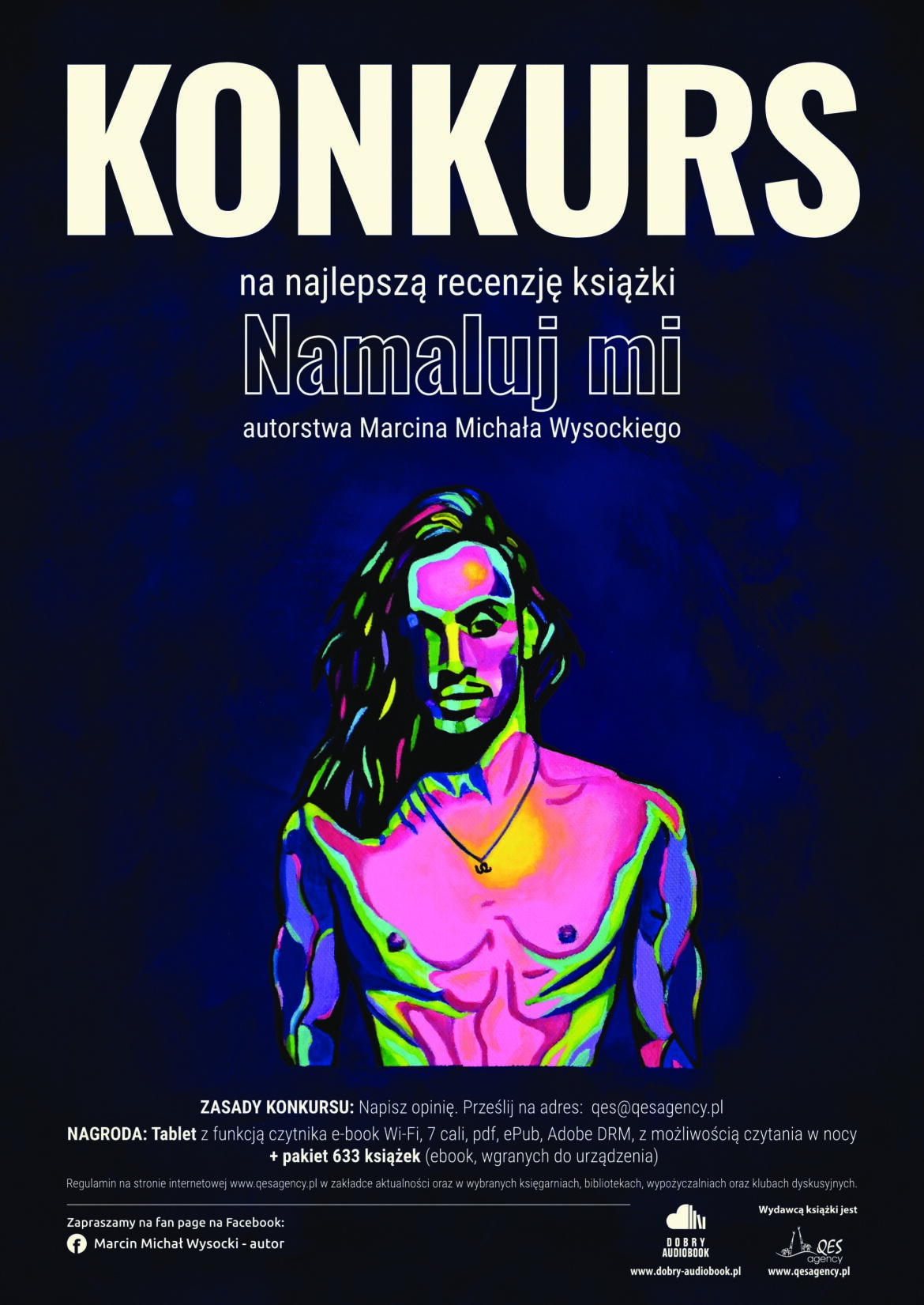 plakat konkursu na granatowym tle rysunek mężczyzny w różnych kolorach