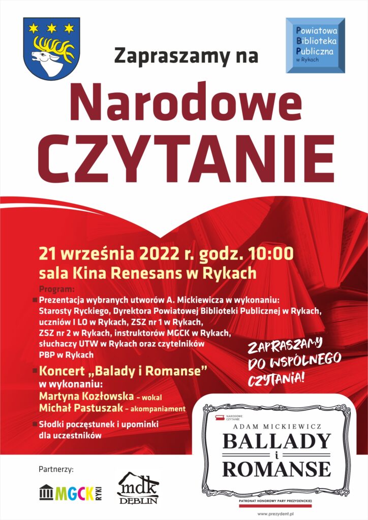 Plakat informujący o narodowym czytaniu w bibliotece powiatowej