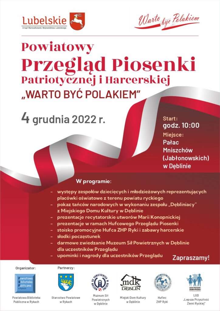 plakat przeglądu piosenki harcerskiej na biało czerwonym tle opisany program zorganizowany przez powiatowa biblioteke w Rykach