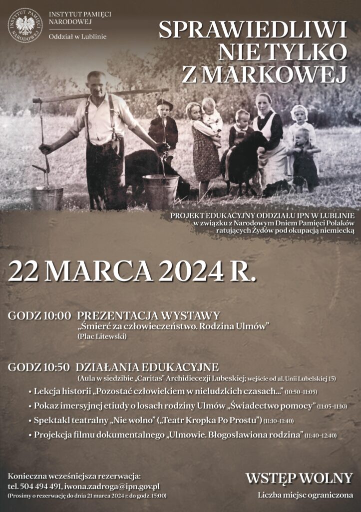 na szarym tle zaproszenie na 22 marca- uczczenie rodziny Ulmów