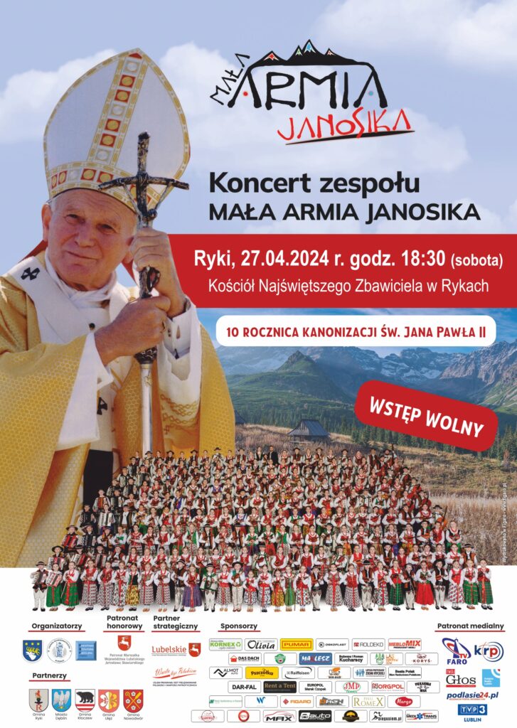 Jan Paweł II po lewej stronie, zaproszenie na koncert Mała Armia Janosika, w dole zdjęcie zespołu