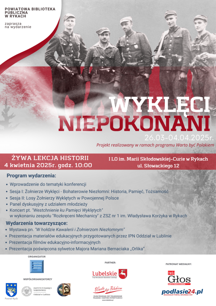 Plakat zaproszenie na wydarzenie Niepokonania organizowany przez Powiatowa Bibliotekę w Rykach