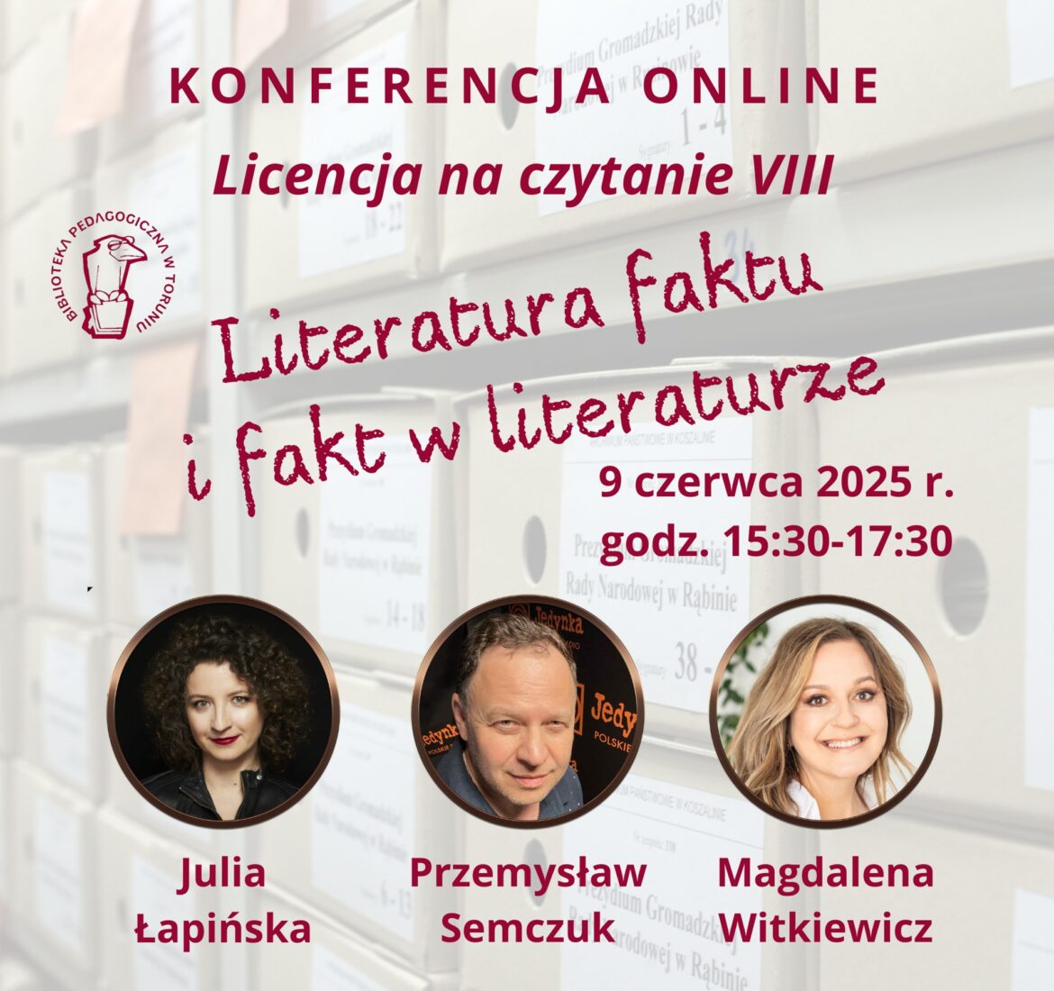 2025.06.09_Literatura_faktu plakat konferencji, na jasnoniebieskim tle czerwone litery i trzy obraki prelegentów w kółku