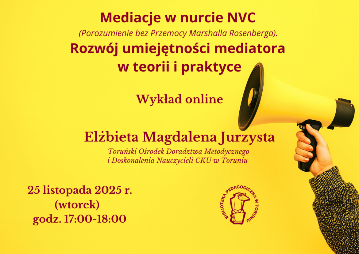 Na żółtym tle plakat z czerwonymi literami zapraszający na mediacje- wykład online w bibliotece powiatowej