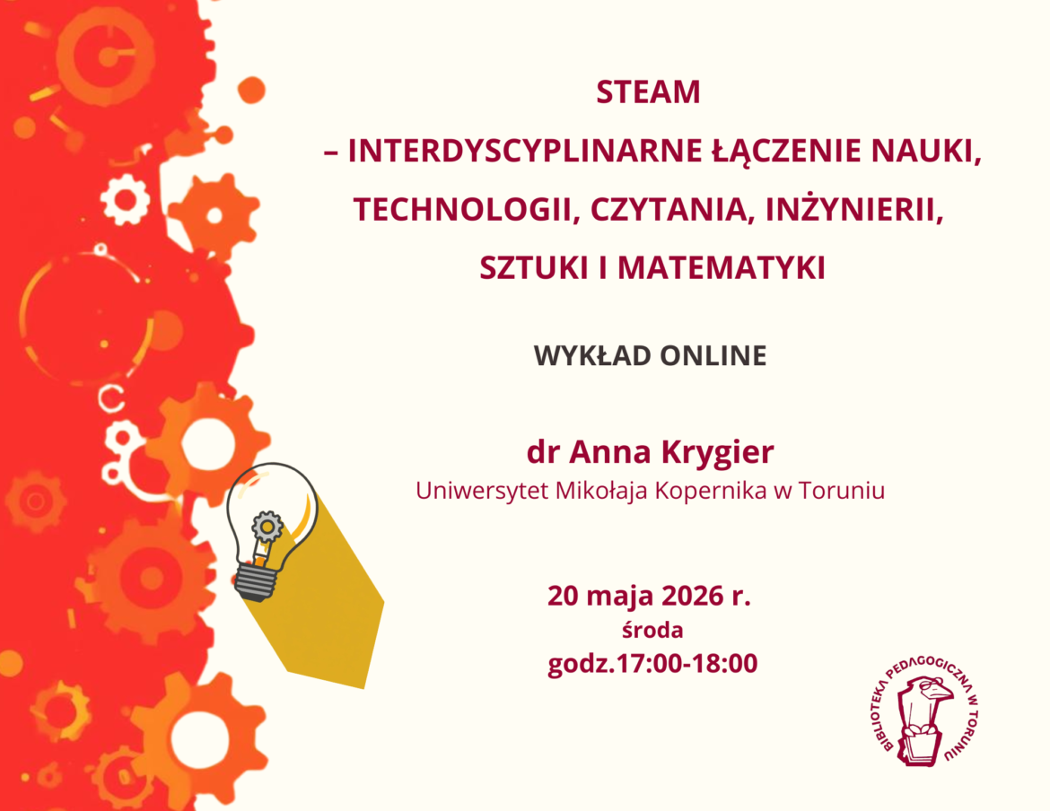 plakat zapraszający na wykład online z lewej strony koła zebate na pomarańczowym tle, z prawej białe tło a na nim napisy czerwone zachęcające do zapisu na wykład.