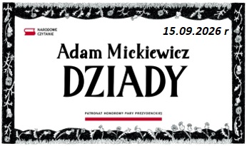 Zaproszenie na narodowe czytanie dziadów _powiatowa Biblioteka Publiczna w Rykach, napisy czarne na białym tle.